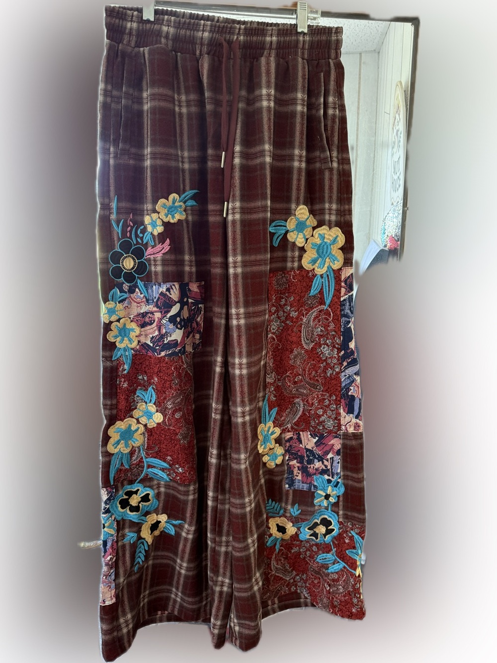 Brown/Red Plaid Wide-Leg Pants with Floral Patchwork
